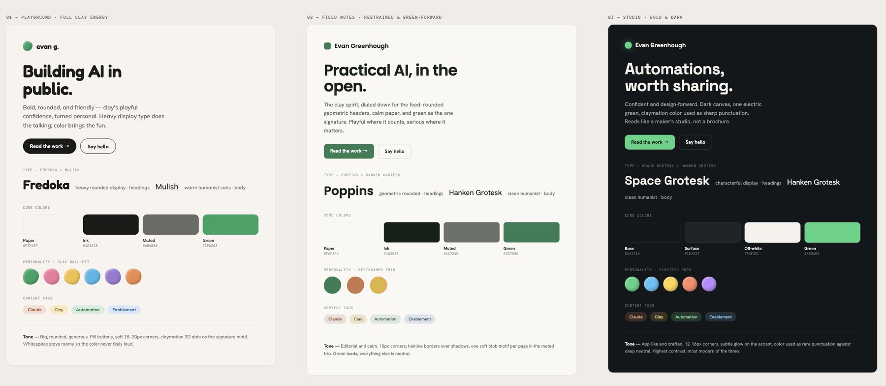 Three brand identity concepts from Claude Design, each with different type, color, and layout