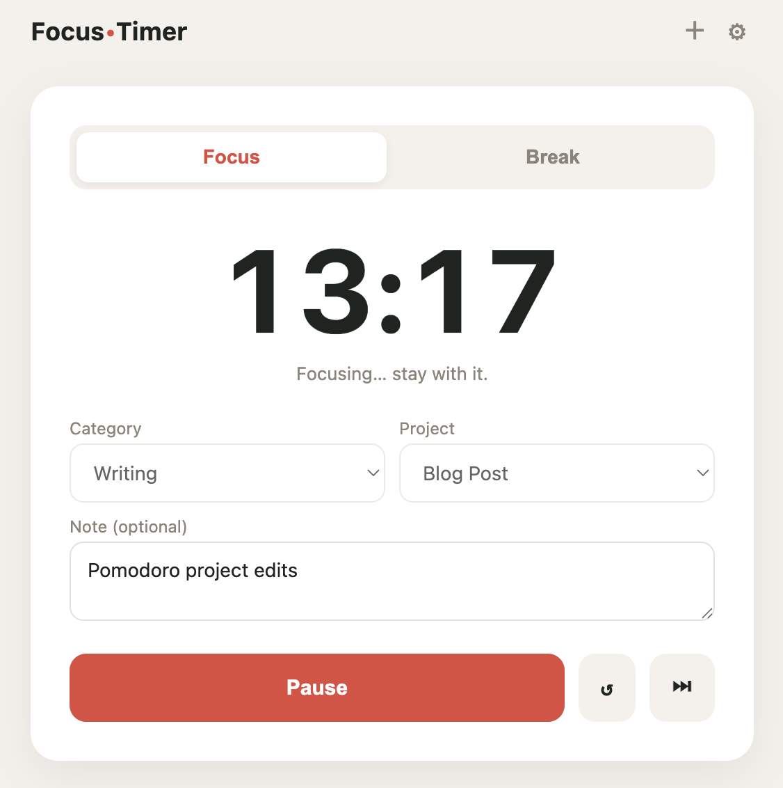 The Pomodoro timer running a focus session