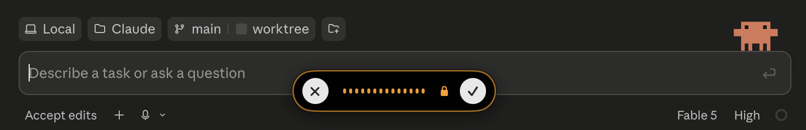 The Quibble pill in locked mode floating over the Claude Code input bar